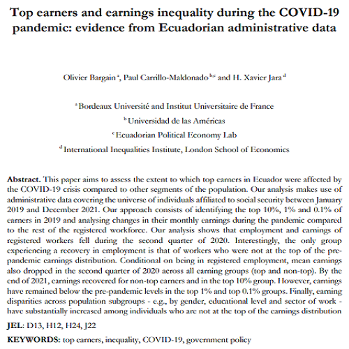 Oivier Bargain , Paul Carrillo-Maldonado , and H. Xavier Jara (2023) – Top earners and earnings inequality during the COVIDl-19 pandemic: evidence from Ecuadorian administrative data